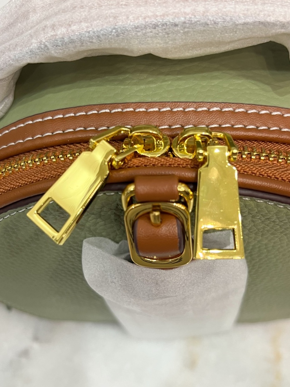 Genuine Pebbled Leather Olive and Tan Round Zippered Crossbody Bag - Picture 10 of 12